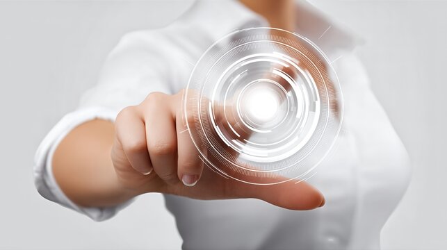 Digital Interface Button Pressed By Woman In White Shirt. Futuristic Technology Control UI Element