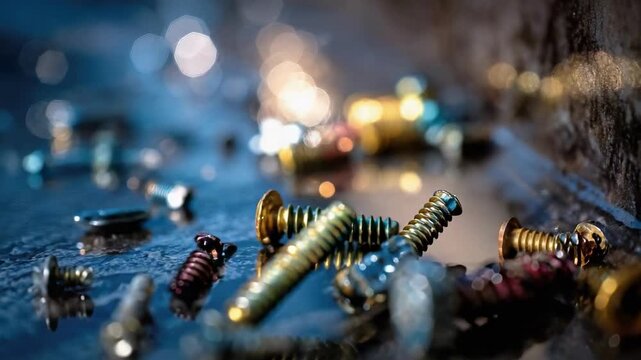 Assorted metal screws, bolts and nuts scattered on a wet blue surface with reflections.