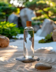Serene Zen Garden: Water Bottle on Stone with Rippled Sand