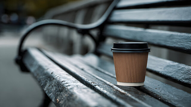 A simple scene where a coffee cup sits beside a bench armrest creating calm asymmetrical composition