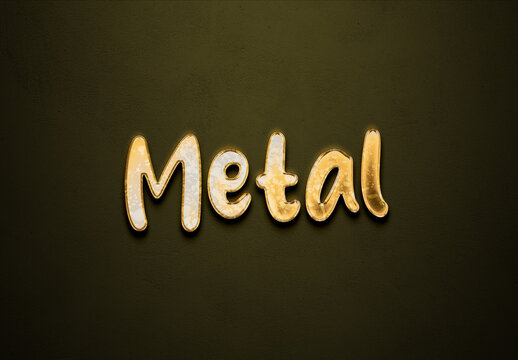 Old gold text effect of word Metal with 3D glossy style Mockup.	