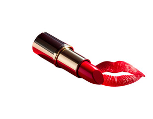  Angled View of Lipstick with Romantic Kiss Marks and Shadow Play, transparent background.