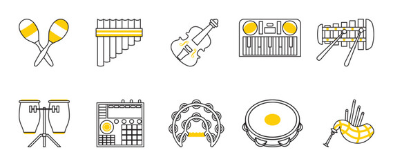 Percussion and Folk Musical Instruments Line Icons Set. A rhythmic set of 10 musical instrument icons with black outlines and bright yellow accents.