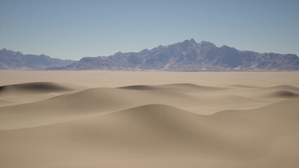 A vast desert stretches across the scene, with rolling sand dunes and distant mountains. The sun shines brightly, highlighting the smooth textures of the sand and the tranquility of the location.