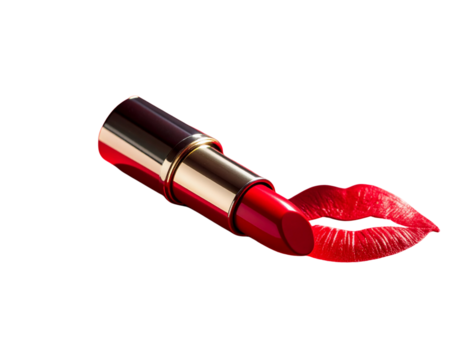  Angled View of Lipstick with Romantic Kiss Marks and Shadow Play, transparent background.