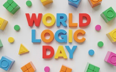Colorful world logic day text with building blocks and shapes