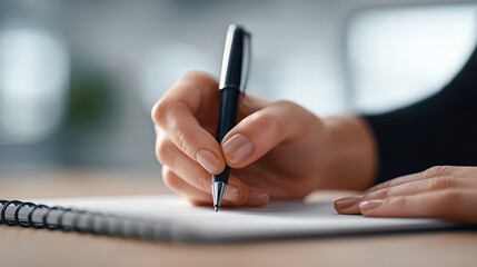 Female Hand Writing Notes With Pen In Notebook During Business Meeting Or Study Session