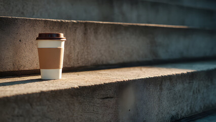 Naklejka premium A single takeaway coffee cup placed neatly on concrete steps in soft daylight creating a clean minimal urban mood