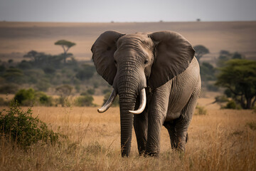 Fototapeta premium Majestic Elephant Standing in Golden Grassland Under Clear Sky