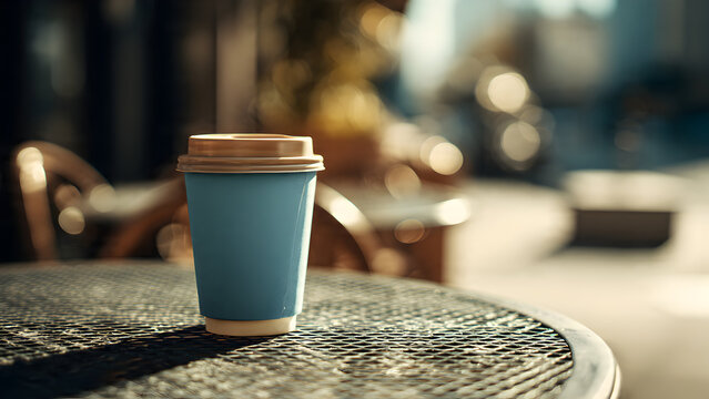 A single takeaway coffee cup placed on a public metal table under soft daylight creating a clean minimal city mood