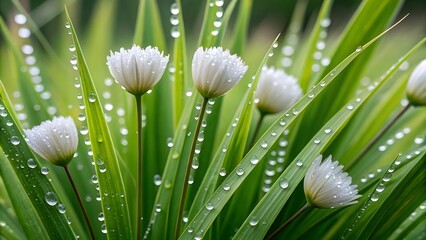 Close up of dew drops on chive blossoms and green leaves