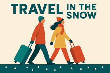 Winter Travel Adventure. Couple traveling with suitcases in snow. Modern minimalist poster banner, bold