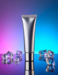 Silver Cosmetic Tube with Ice Cubes on Reflective Gradient Background