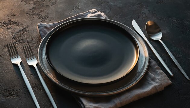 Elegant Table Setting: A sophisticated tablescape is set against a textured surface, showcasing a modern arrangement of tableware and cutlery in preparation for a culinary experience.