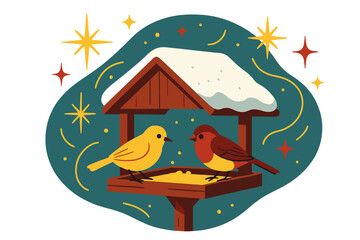 Winter Bird Feeder. Frosty morning feeder. A wooden bird feeder with snow, tiny birds feeding, abstract spark