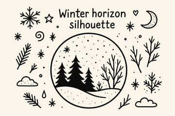 Naklejka premium Winter Horizon Sketch. Winter horizon silhouette. Hand-drawn doodle illustration of Winter horizon silhouette.