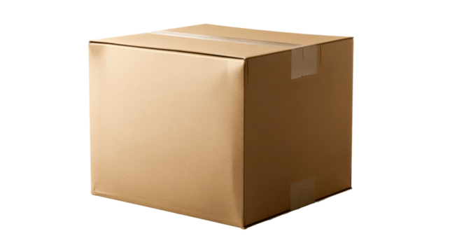 Brown cardboard shipping box sealed with clear tape, perfect for logistics, packaging, and delivery service visuals and ecommerce promotions.