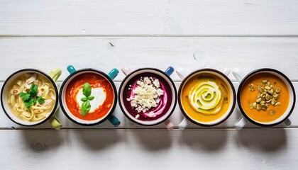 Flavorful Soups Displayed: A vibrant arrangement of five diverse soups showcased in individual bowls, each bursting with unique flavors and textures, promising a delightful culinary journey.