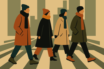 Winter Street Style. Street style winter look minimalist flat illustration of stylized figures in coats,