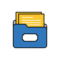 Minimalist Blue File Folder Icon with Yellow Documents Sticker Style Flat Vector Art Clean Design Isolated on White Background