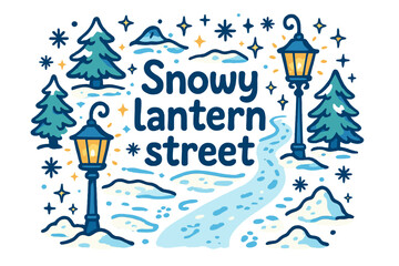 Naklejka premium Snowy Lantern Street. Snowy lantern street. Hand-drawn doodle illustration of Snowy lantern street. glowing