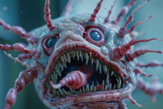 3d illustration of a virus like monster with tentacles showing its sharp teeth - Powered by Adobe