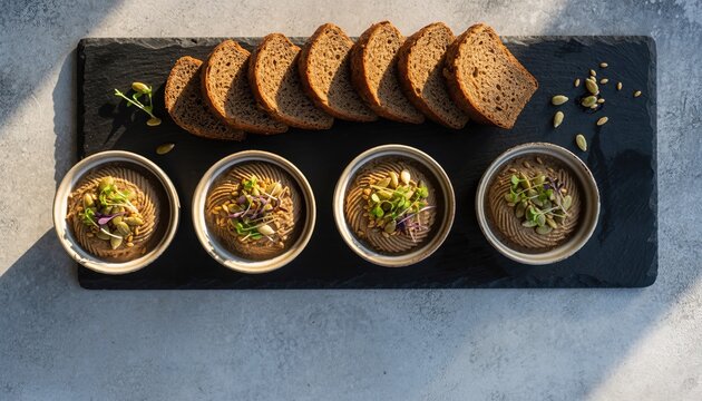 Gourmet Culinary Display: An overhead shot showcases an exquisite arrangement of gourmet dishes, with slices of artisanal bread elegantly paired.