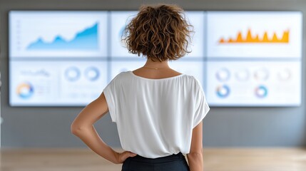Businesswoman Viewing Large Digital Analytics Dashboard For Data Analysis And Performance Insights