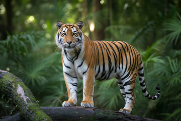 Obraz premium Bengal Tiger on a Mossy Log in a Verdant Forest animal