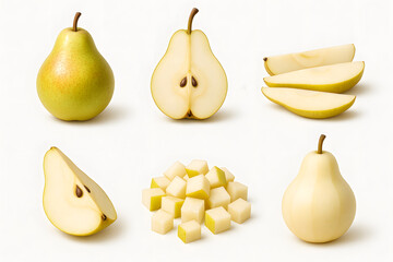 Fresh green pears in various preparations whole sliced diced and peeled isolated on white background sweet fruit concept