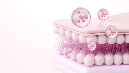 Pink Collagen Peptide Molecule Absorption into Skin Layer with Fibers, 3D Illustration