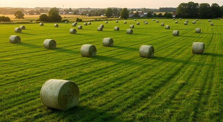 Hay Bales in a Green Field at Sunset - Rural Landscape.