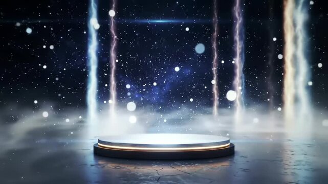 Futuristic podium with glowing lights and cosmic particles in a mystical atmosphere.