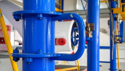 Bright blue industrial steel pipes with flanges.