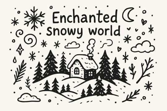 Enchanted Snowy Landscape. Enchanted snowy world. Hand-drawn doodle illustration of Enchanted snowy world.