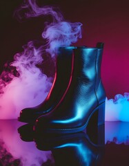 Sleek Black Leather Ankle Boots with Dramatic Neon Smoke and Reflection