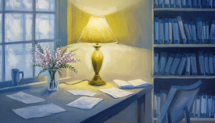 Cozy Reading Nook: A serene reading nook exudes warmth, with a soft lamp illuminating scattered papers, a delicate floral bouquet.