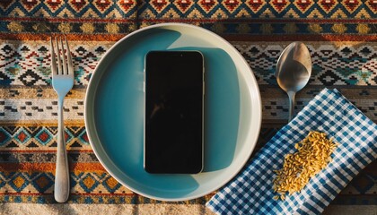 Digital Dinner: A modern still life scene presents a smartphone centered on a plate, alongside a fork, spoon, and napkin, suggesting an unconventional approach to a meal.