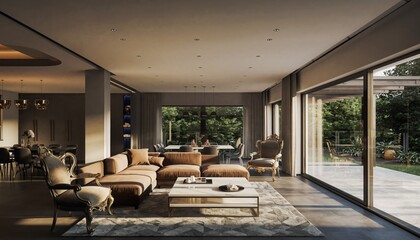 Fototapeta premium Elegant Living: Luxurious interior showcasing a modern living area with comfortable seating and an open design. Light floods the space through large windows, offering an inviting atmosphere.