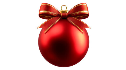 Shiny red Christmas ball ornament with a festive gold and red ribbon bow and hanging loop, perfect for holiday decoration and seasonal design projects