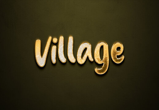Old gold text effect of word Village with 3D glossy style Mockup.	