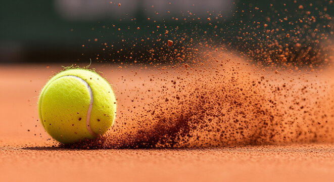 Tennis ball on clay court with dirt flying up during a match