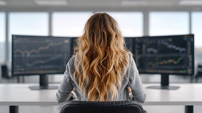Businesswoman Analyzing Stock Market Charts On Multiple Screens. Financial Analyst Working In Office