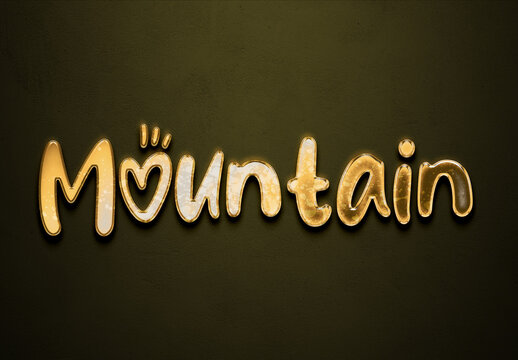 Old gold text effect of word Mountain with 3D glossy style Mockup.	