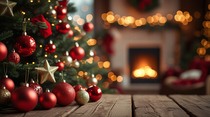 Fototapeta premium Festive Christmas Interior with Glowing Lights and Decorations