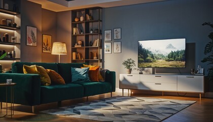 Cozy Living Room Ambiance: A modern living room, complete with a plush sofa, a television playing nature scenes, and tasteful decor creates a warm, inviting atmosphere for relaxation and leisure.