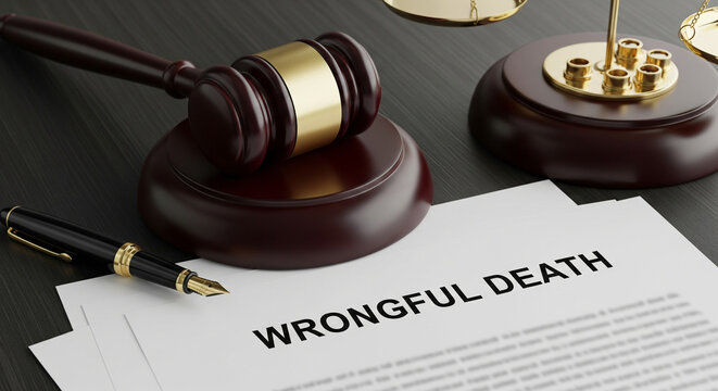 A gavel rests next to a document labeled wrongful death, representing legal proceedings