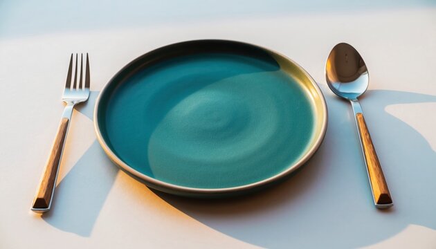 Dining Essentials: A minimalist composition presents an empty, vibrant teal plate flanked by a fork and spoon, symbolizing culinary anticipation and the simple elegance of a meal.