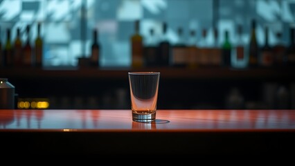 pub. Empty bar counter with a single empty glass in moody ambient lighting. lifestyle magazines, social media lookbooks, designed for influencer and brand collaborations, inspires lifestyle.