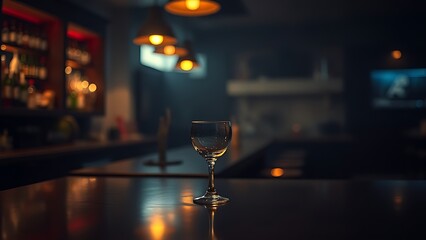 pub. Empty bar counter with a single empty glass in moody ambient lighting. lifestyle magazines, social media lookbooks, designed for influencer and brand collaborations, inspires lifestyle.